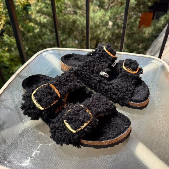 New Birkenstock Arizona Big Buckle Teddy Sandals Slip On in Black Gold US 9 / 40 - Picture 1 of 15